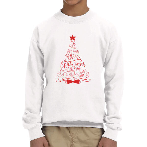 Merry Christmas Tree Design - Youth Fleece Crew Sweatshirt Thumbnail