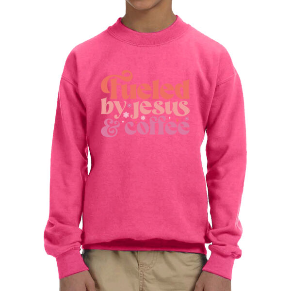 Fueled By Jesus & Coffee - Unisex  Youth Fleece Crew Sweatshirt  Thumbnail