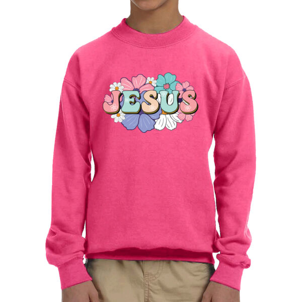 Floral Jesus - Unisex  Youth Fleece Crew Sweatshirt  Thumbnail
