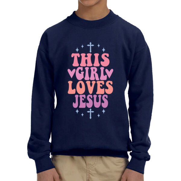 This Girl Loves Jesus - Unisex  Youth Fleece Crew Sweatshirt  Thumbnail