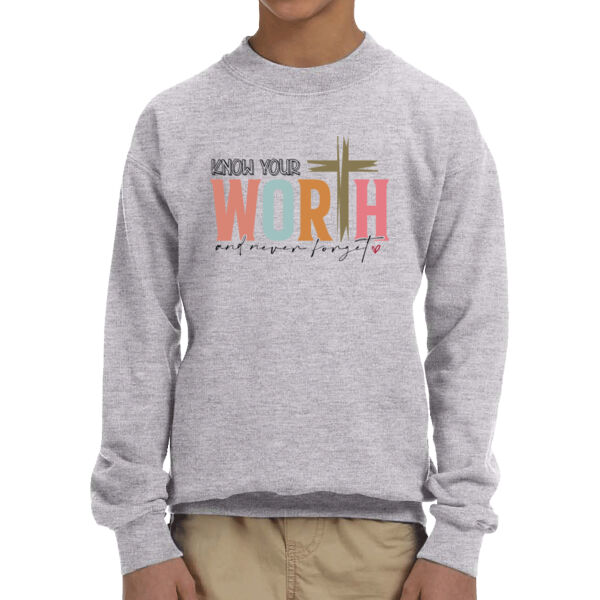 Know Your Worth And Never Forget - Unisex  Youth Fleece Crew Sweatshirt  Thumbnail