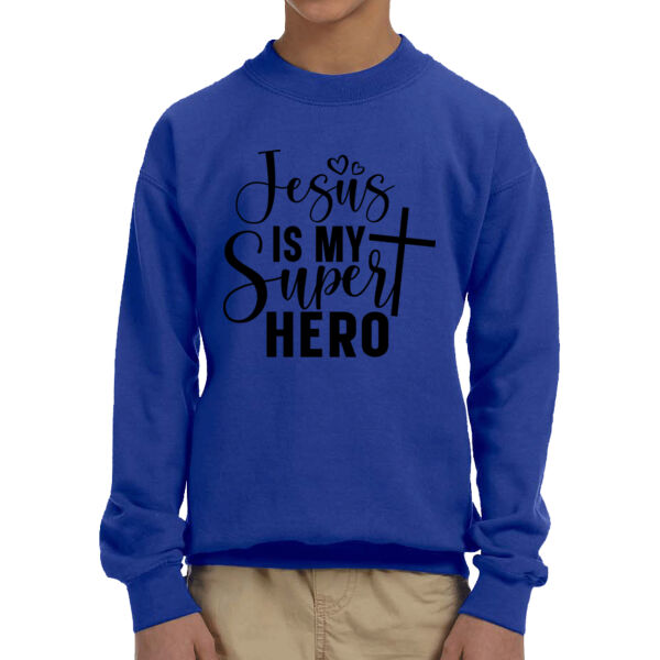 Jesus is My Superhero - Unisex Youth Fleece Crew Sweatshirt  Thumbnail